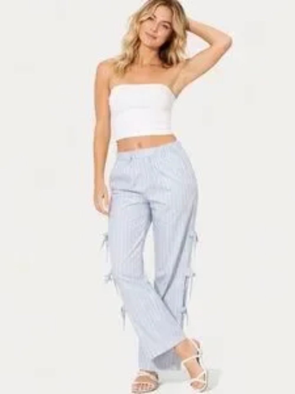 High Rise Side Tie Relaxed Boxer Pants Blue Striped Size XXS 100% Cotton